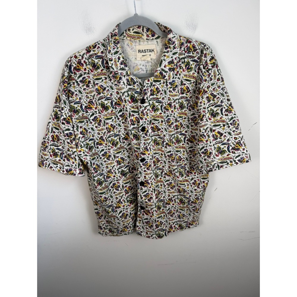 Rastah Mens Silk Blend Floral Block Print Short Sleeve Camp Shirt Multi Color S
